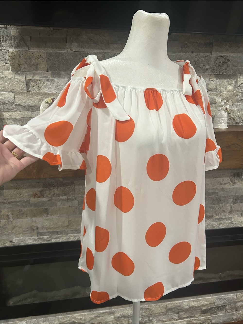 Vine & Love White Blouse with Orange Polka Dots Tie cold Shoulder NWOT size Med